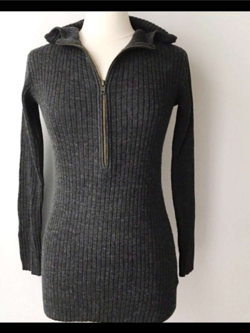 Free People Hooded Rib Knit Preppy Sweater Dress Gray Wool Blend Boho Cozy - M